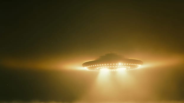 flying UFO saucer in foggy night with wide orange beam of light, neural network generated in spring 2023. Not based on any actual scene or pattern.