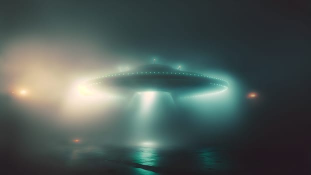 flying UFO saucer in foggy night over asphalt road, neural network generated in spring 2023. Not based on any actual scene or pattern.
