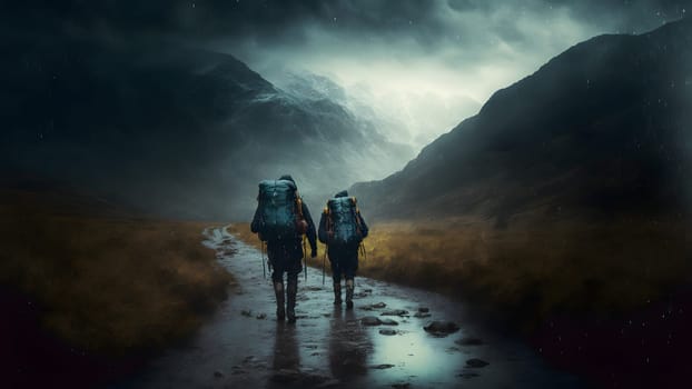 group of walking travellers in scandinavian mountains at rainy foggy day, neural network generated art. Digitally generated image. Not based on any actual person, scene or pattern.