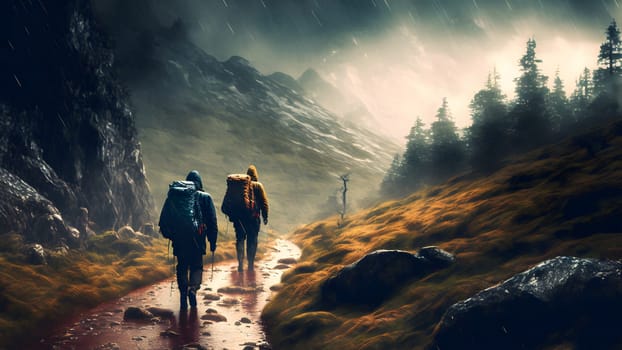 group of walking travellers in scandinavian mountains at rainy foggy day, neural network generated art. Digitally generated image. Not based on any actual person, scene or pattern.