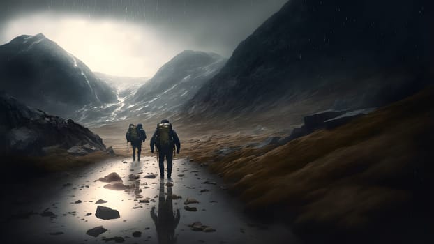 group of walking travellers in scandinavian mountains at rainy foggy day, neural network generated art. Digitally generated image. Not based on any actual person, scene or pattern.