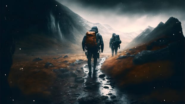 group of walking travellers in scandinavian mountains at rainy foggy day, neural network generated art. Digitally generated image. Not based on any actual person, scene or pattern.
