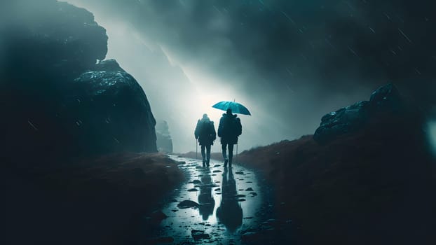 group of walking travellers in scandinavian mountains at rainy foggy day, neural network generated art. Digitally generated image. Not based on any actual person, scene or pattern.