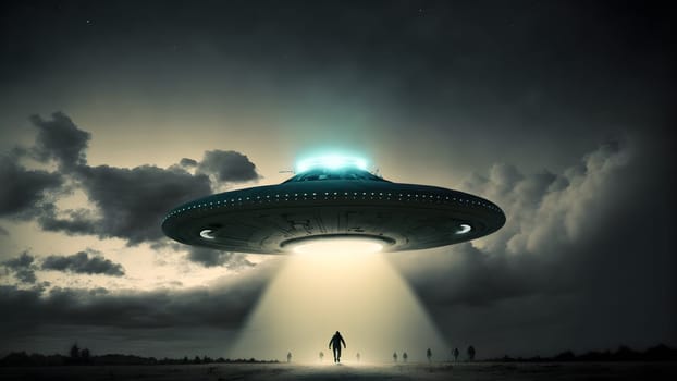 flying UFO saucer spacecraft over wild field at foggy night with human silhouette in beams of light underneath, neural network generated in spring 2023. Not based on any actual scene or pattern.