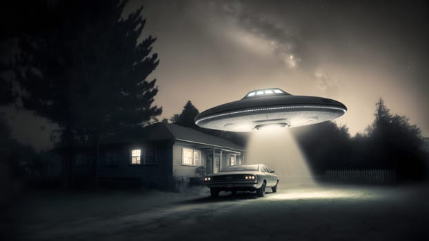 flying UFO saucer spacecraft over car near countryside house at foggy night, neural network generated in spring 2023. Not based on any actual scene or pattern.