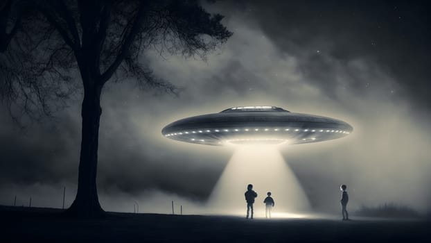alien abduction concept, flying UFO saucer over kids silhouettes on the ground near tree, neural network generated in spring 2023. Not based on any actual scene or pattern.