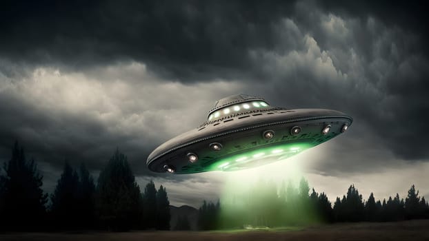 flying UFO saucer over forest at overcast night with green beam of light, neural network generated in spring 2023. Not based on any actual scene or pattern.