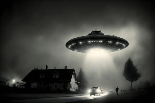 flying UFO saucer spacecraft over car near countryside house at foggy night, neural network generated in spring 2023. Not based on any actual scene or pattern.