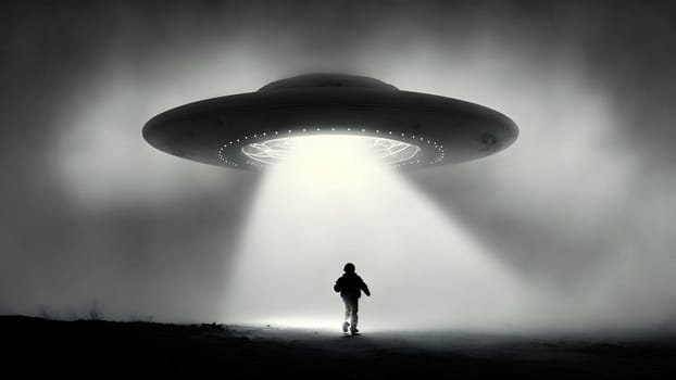 alien abduction concept, flying UFO saucer over toddler on the ground near house, neural network generated in spring 2023. Not based on any actual scene or pattern.