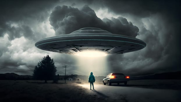 alien abduction concept, flying UFO saucer over toddler on the ground near car, neural network generated in spring 2023. Not based on any actual scene or pattern.