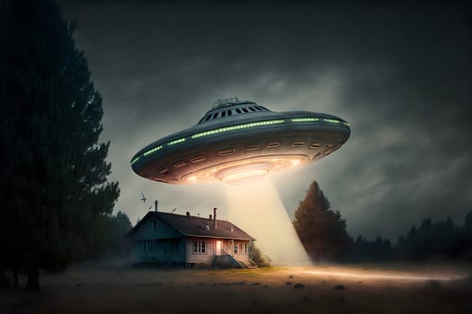 flying UFO saucer over countryside house at starry night, neural network generated in spring 2023. Not based on any actual scene or pattern.