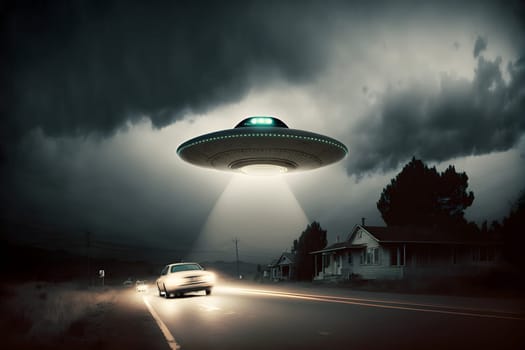 flying UFO saucer spacecraft over moving cars near countryside houses at foggy night, neural network generated in spring 2023. Not based on any actual scene or pattern.