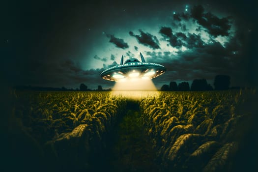 UFO saucer hovering over corn field at starry night with wide beam of light underneath, neural network generated in spring 2023. Not based on any actual scene or pattern.