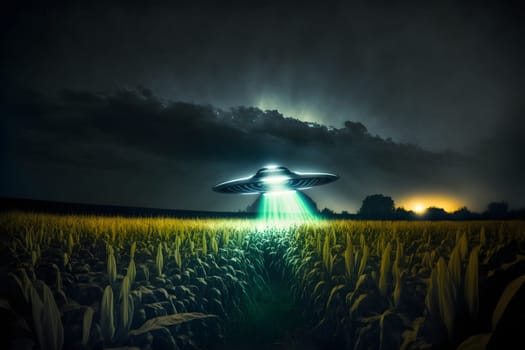 UFO saucer hovering over corn field at starry night with wide beam of light underneath, neural network generated in spring 2023. Not based on any actual scene or pattern.