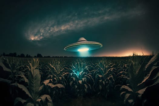 UFO saucer hovering over corn field at starry night with wide beam of light underneath, neural network generated in spring 2023. Not based on any actual scene or pattern.