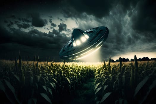 UFO saucer hovering over corn field at starry night with wide beam of light underneath, neural network generated in spring 2023. Not based on any actual scene or pattern.
