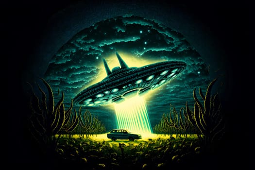 UFO saucer hovering over corn field at starry night with wide beam of light underneath, neural network generated in spring 2023. Not based on any actual scene or pattern.