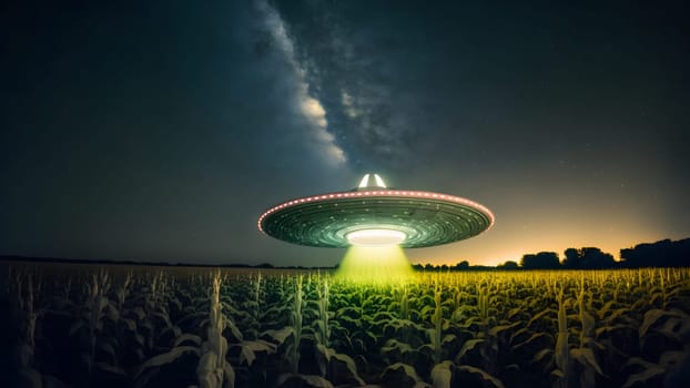 UFO saucer hovering over corn field at starry night with wide beam of light underneath, neural network generated in spring 2023. Not based on any actual scene or pattern.