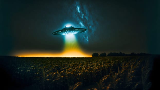 UFO saucer hovering over corn field at starry night with wide beam of light underneath, neural network generated in spring 2023. Not based on any actual scene or pattern.