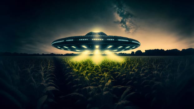 UFO saucer hovering over corn field at starry night with wide beam of light underneath, neural network generated in spring 2023. Not based on any actual scene or pattern.