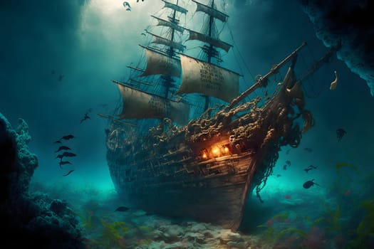 old sunken wooden sail ship on sea floor with ghost lights inside, neural network generated in spring 2023. Not based on any actual scene or pattern.