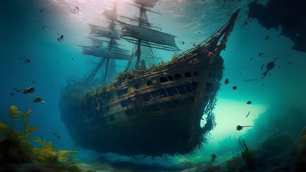 old sunken wooden sail ship on sea floor, neural network generated in spring 2023. Not based on any actual scene or pattern.