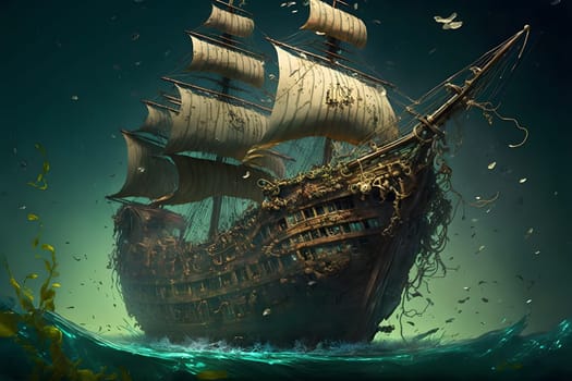 old wooden sail ship at sea with no lights inside, neural network generated in spring 2023. Not based on any actual scene or pattern.