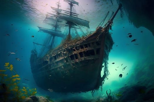 old sunken wooden sail ship on sea floor, neural network generated in spring 2023. Not based on any actual scene or pattern.