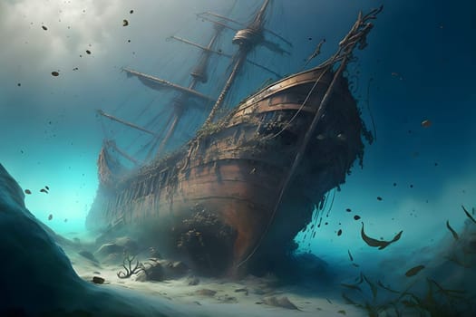 old sunken wooden sail ship on sea floor, neural network generated in spring 2023. Not based on any actual scene or pattern.