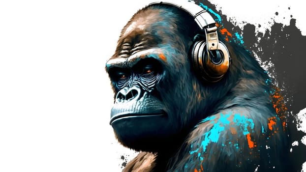 gorilla wearing headphones covered with colorful paint drops listening to music on white background, neural network generated in spring 2023. Not based on any actual person, scene or pattern.