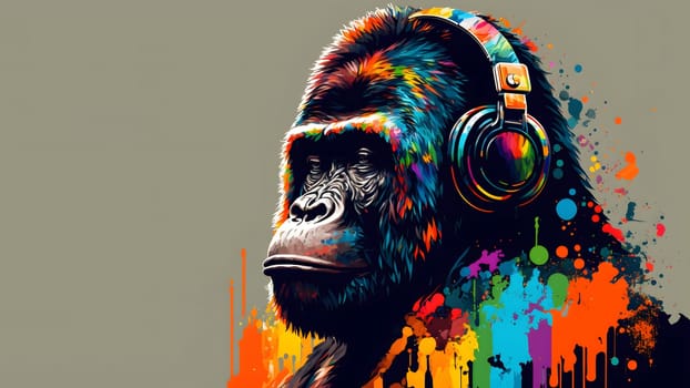 gorilla wearing headphones covered with colorful paint drops listening to music on grey background, neural network generated in spring 2023. Not based on any actual person, scene or pattern.