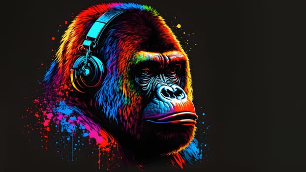 gorilla wearing headphones covered with colorful paint drops listening to music on black background, neural network generated in spring 2023. Not based on any actual person, scene or pattern.