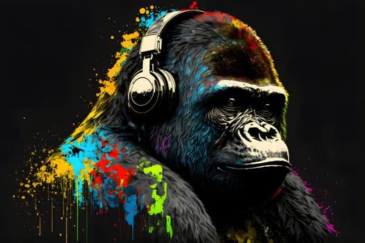 gorilla wearing headphones covered with colorful paint drops listening to music on black background, neural network generated in spring 2023. Not based on any actual person, scene or pattern.