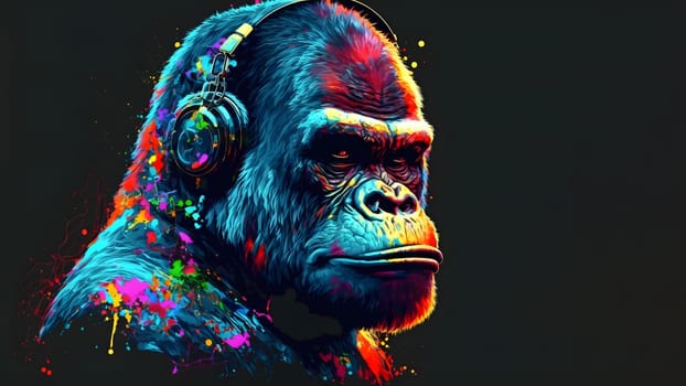 gorilla wearing headphones covered with colorful paint drops listening to music on dark grey background, neural network generated in spring 2023. Not based on any actual person, scene or pattern.