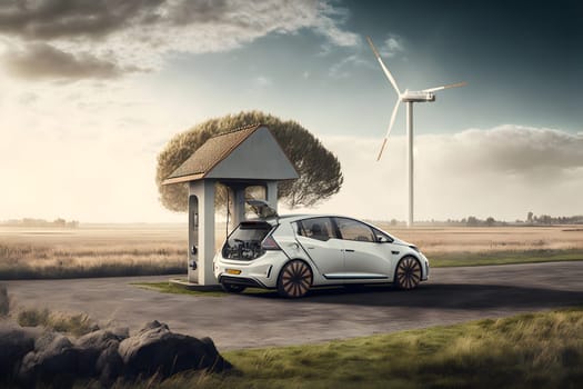 electrical vehicle near wind powered charging station in daytime summer countryside environment. Digitally generated image. Not based on any actual scene.
