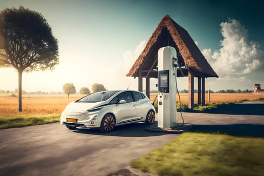 electrical vehicle near wind powered charging station in daytime summer countryside environment. Digitally generated image. Not based on any actual scene.