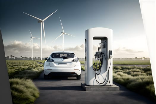 electrical vehicle near wind powered charging station in daytime summer countryside environment. Digitally generated image. Not based on any actual scene.