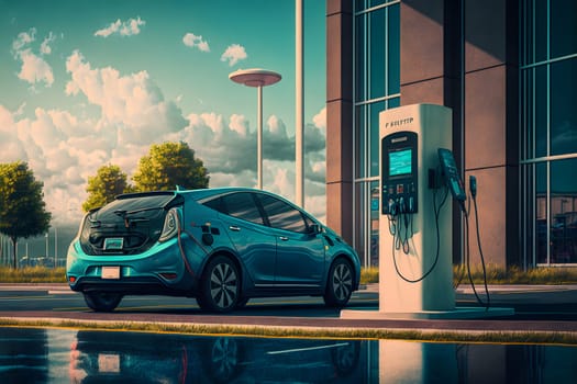 electrical vehicle near charging station in daytime summer urban environment, neural network generated art. Digitally generated image. Not based on any actual person, scene or pattern.