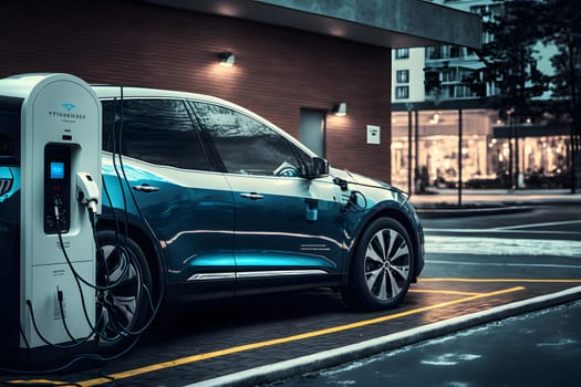 electrical vehicle near charging station in daytime summer urban environment, neural network generated in spring 2023. Not based on any actual scene or pattern.