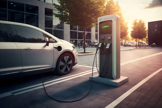 electrical vehicle near charging station in daytime summer urban environment, neural network generated in spring 2023. Not based on any actual scene or pattern.