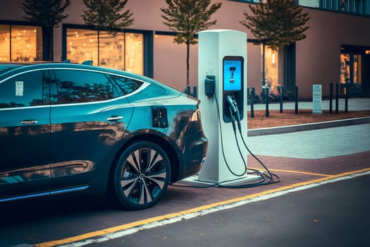 electrical vehicle near charging station in daytime summer urban environment, neural network generated in spring 2023. Not based on any actual scene or pattern.