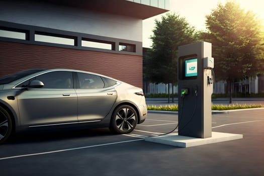 electrical vehicle near charging station in daytime summer urban environment, neural network generated in spring 2023. Not based on any actual scene or pattern.