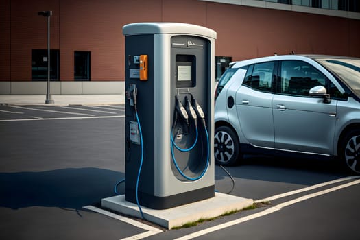electrical vehicle near charging station in daytime summer urban environment, neural network generated in spring 2023. Not based on any actual scene or pattern.