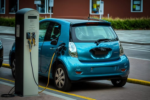 electrical vehicle near charging station in daytime summer urban environment, neural network generated in spring 2023. Not based on any actual scene or pattern.