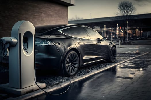 electrical vehicle near charging station in daytime summer urban environment, neural network generated in spring 2023. Not based on any actual scene or pattern.