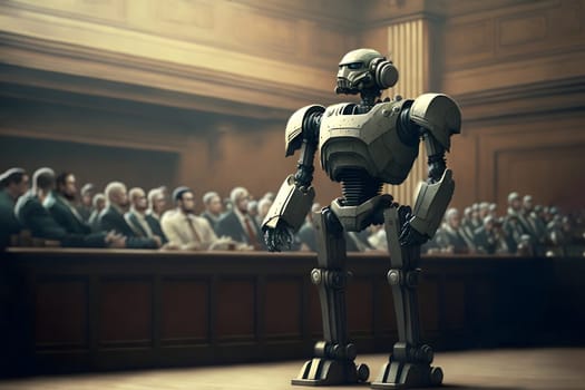 Anthropomorphic robot stands in human court, neural network generated art. AI law concept. Digitally generated image. Not based on any actual person, scene or pattern.