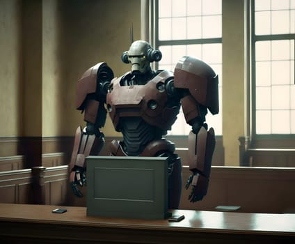 Anthropomorphic robot in human court, neural network generated art. AI law concept. Digitally generated image. Not based on any actual person, scene or pattern.