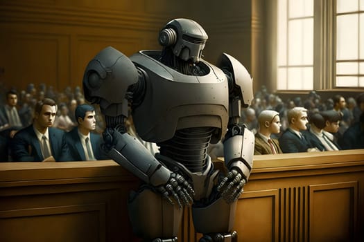 Anthropomorphic robot in human court, neural network generated art. AI law concept. Digitally generated image. Not based on any actual person, scene or pattern.