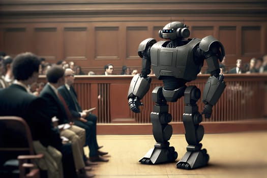 Anthropomorphic robot in human court, neural network generated art. AI law concept. Digitally generated image. Not based on any actual person, scene or pattern.