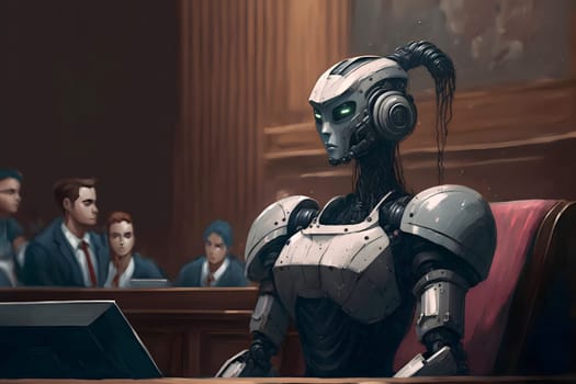 Anthropomorphic female robot in human court, neural network generated art. AI law concept. Digitally generated image. Not based on any actual person, scene or pattern.